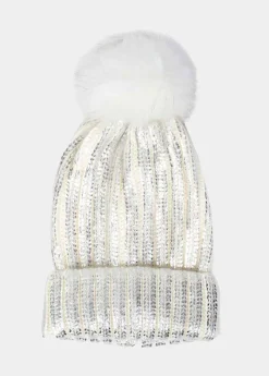 Fashion Coton Du Monde Bonnet Pompon Shine Blanc Métallisé