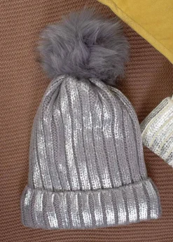 Outlet Coton Du Monde Bonnet Pompon Shine Gris Métallisé