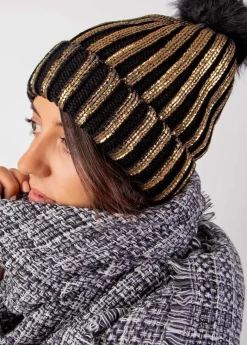 Cheap Coton Du Monde Bonnet Pompon Shine Noir Métallisé