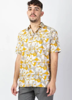 Hot Coton Du Monde Chemise homme manches courtes LORENZO imprimé Jungle Jaune