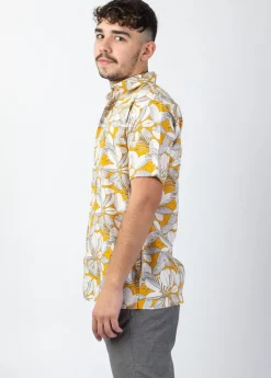 Hot Coton Du Monde Chemise homme manches courtes LORENZO imprimé Jungle Jaune