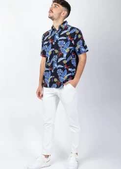 New Coton Du Monde Chemise homme manches courtes LORENZO imprimé fleuri noir Hawai Noir