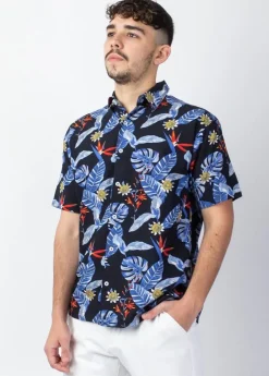 New Coton Du Monde Chemise homme manches courtes LORENZO imprimé fleuri noir Hawai Noir
