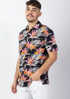 Hot Coton Du Monde Chemise homme manches courtes LORENZO imprimé Tropical Noir