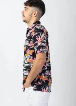 Hot Coton Du Monde Chemise homme manches courtes LORENZO imprimé Tropical Noir