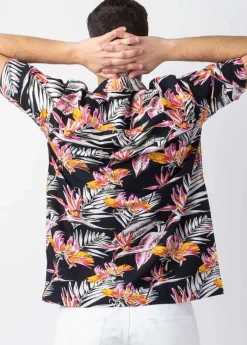 Hot Coton Du Monde Chemise homme manches courtes LORENZO imprimé Tropical Noir