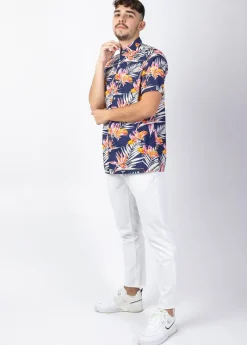 Outlet Coton Du Monde Chemise homme manches courtes LORENZO imprimé tropical bleu Tropical Marine