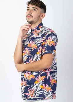 Outlet Coton Du Monde Chemise homme manches courtes LORENZO imprimé tropical bleu Tropical Marine