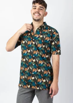 Clearance Coton Du Monde Chemise homme manches courtes LORENZO motif exotique vert Amazonie Vert