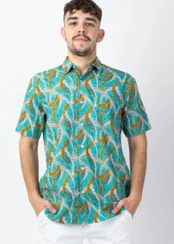 Best Sale Coton Du Monde Chemise homme manches courtes LORENZO imprimé ethnique bleu Savane Bleu