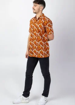 Clearance Coton Du Monde Chemise homme manches courtes LORENZO imprimé ethnique orange Savane Orange
