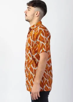 Clearance Coton Du Monde Chemise homme manches courtes LORENZO imprimé ethnique orange Savane Orange