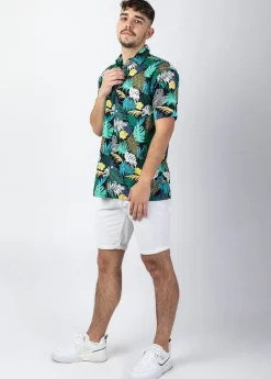 Shop Coton Du Monde Chemise homme manches courtes LORENZO imprimé tropical vert Palme Vert