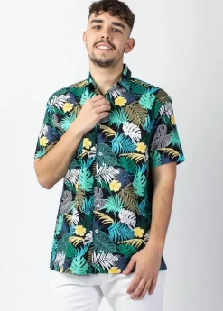 Shop Coton Du Monde Chemise homme manches courtes LORENZO imprimé tropical vert Palme Vert