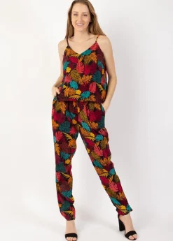 Shop Coton Du Monde Combi Pantalon fines bretelles LOUCIA imprimé tropical orange Palme Orange