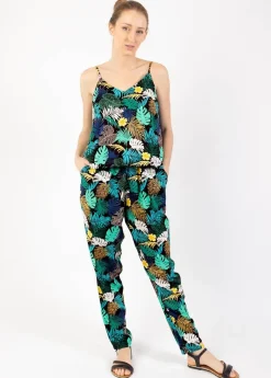 Discount Coton Du Monde Combi Pantalon fines bretelles LOUCIA imprimé tropical vert Palme Vert