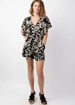 Outlet Coton Du Monde Combishort femme ethnique  Abby bleu motif noir chic Palua Noir