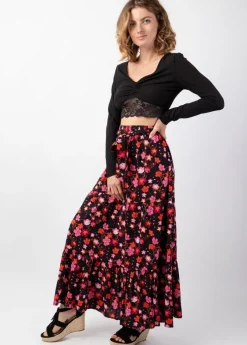 Best Sale Coton Du Monde Jupe longue femme CHERRY motif floral coloré Cherry Noir