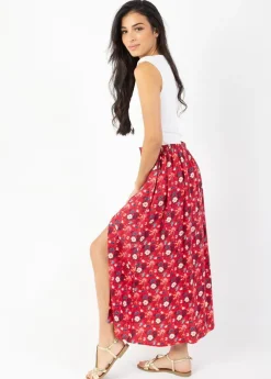 Hot Coton Du Monde Jupe longue fendue boutonnée LIBERTY fleurie rouge Spring Flowers