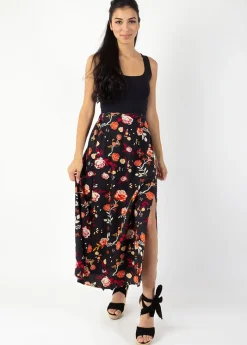 Discount Coton Du Monde Jupe longue fendue boutonnée LIBERTY fleurie noire 28 Noir