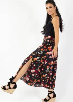 Discount Coton Du Monde Jupe longue fendue boutonnée LIBERTY fleurie noire 28 Noir