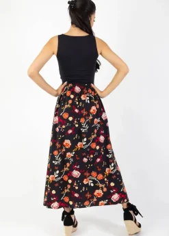 Discount Coton Du Monde Jupe longue fendue boutonnée LIBERTY fleurie noire 28 Noir