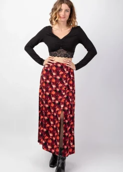 Best Coton Du Monde Jupe longue fendue hiver en viscose épais LIBERTY motif fleuri bordeaux Colchique