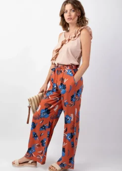 Shop Coton Du Monde Pantalon femme taille élastique MELODY motif fleurs bleu Hibiscus
