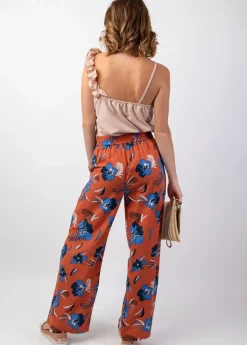 Shop Coton Du Monde Pantalon femme taille élastique MELODY motif fleurs bleu Hibiscus