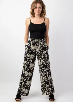 Store Coton Du Monde Pantalon fluide femme été MELODY noir motif ethnique Palua Noir