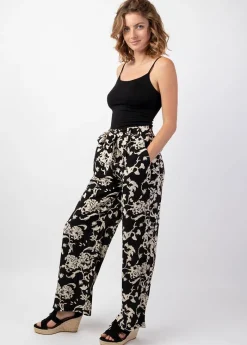 Store Coton Du Monde Pantalon fluide femme été MELODY noir motif ethnique Palua Noir