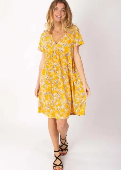 Shop Coton Du Monde Robe babydoll manches courtes DINA imprimé fleuri jaune 8 Jaune