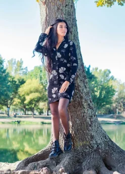 Sale Coton Du Monde Robe chemise en coton JAYA imprimé ginkgo