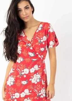 Outlet Coton Du Monde Robe courte cache cœur manches froncées LOUNA imprimé fleuri rouge Bouquet Rouge