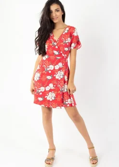 Outlet Coton Du Monde Robe courte cache cœur manches froncées LOUNA imprimé fleuri rouge Bouquet Rouge