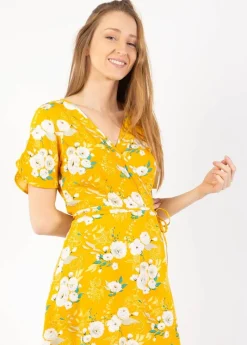 Cheap Coton Du Monde Robe courte cache cœur manches froncées LOUNA imprimé fleuri jaune Bouquet Jaune