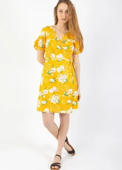 Cheap Coton Du Monde Robe courte cache cœur manches froncées LOUNA imprimé fleuri jaune Bouquet Jaune