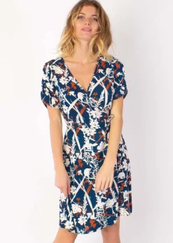 Shop Coton Du Monde Robe courte cache cœur manches froncées LOUNA motif floral bleu 27 Marine