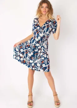 Shop Coton Du Monde Robe courte cache cœur manches froncées LOUNA motif floral bleu 27 Marine