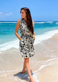 Cheap Coton Du Monde Robe courte ceinturée ASSIA col chemise imprimé et beige Jungle Noir