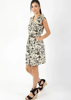 Cheap Coton Du Monde Robe courte ceinturée ASSIA col chemise imprimé et beige Jungle Noir