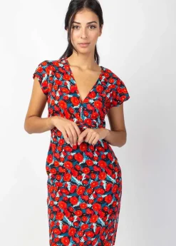 New Coton Du Monde Robe courte cintrée TANIA imprimé fleuri rouge Poppies