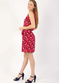 New Coton Du Monde Robe courte col V coupe droite ELISA motif fleuri rouge Spring Flowers