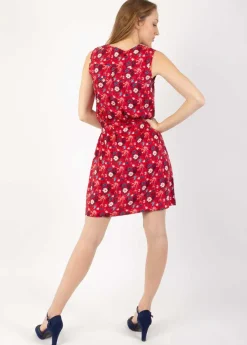 New Coton Du Monde Robe courte col V coupe droite ELISA motif fleuri rouge Spring Flowers