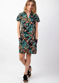 Sale Coton Du Monde Robe courte coupe droite en coton ELANA noire motif fleurs