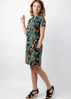 Sale Coton Du Monde Robe courte coupe droite en coton ELANA noire motif fleurs