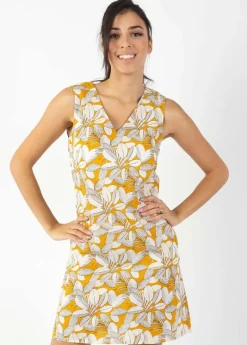 Discount Coton Du Monde Robe courte DIANA coton sans manches col V jaune et blanche Jungle Jaune