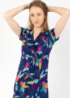 Best Coton Du Monde Robe courte effet cache cœur AMANDA imprimé tropical bleu Rio Bleu