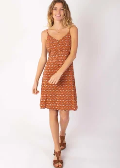 Discount Coton Du Monde Robe courte fines bretelles BEA motif ethnique camel 29 Camel