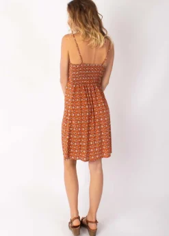 Discount Coton Du Monde Robe courte fines bretelles BEA motif ethnique camel 29 Camel